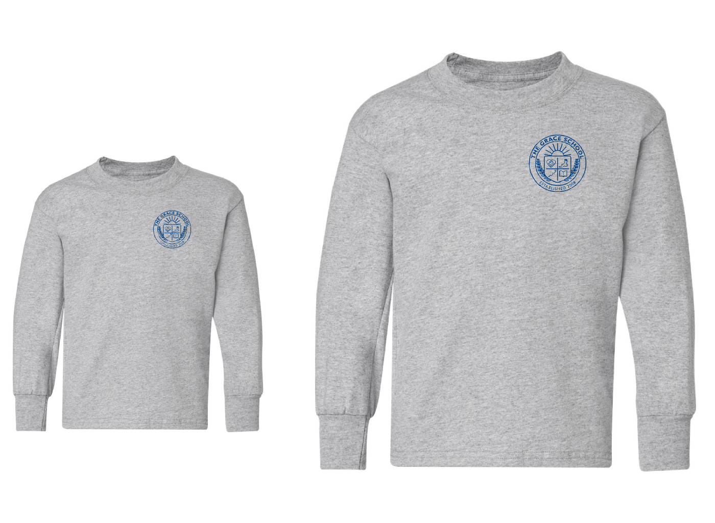 TGS Crew Neck long sleeve tee in grey printed in royal blue ink