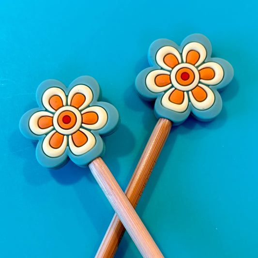 Knitting needle point protectors - Retro Blue Flower